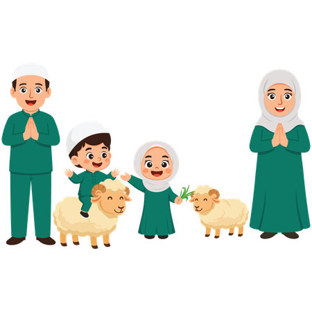 Familie feiert Eid Al-Adha mit Schafen  Illustration