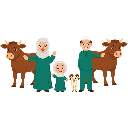 Familie feiert Eid Al-Adha mit Ziege und Kuh  Illustration