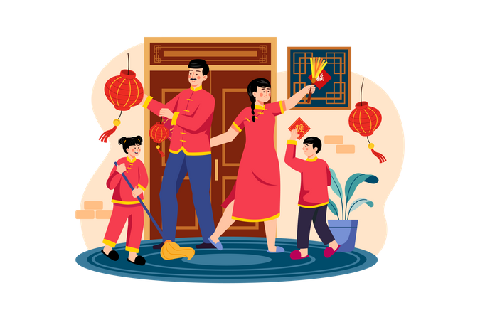 Familie feiert gemeinsam das chinesische Neujahr  Illustration