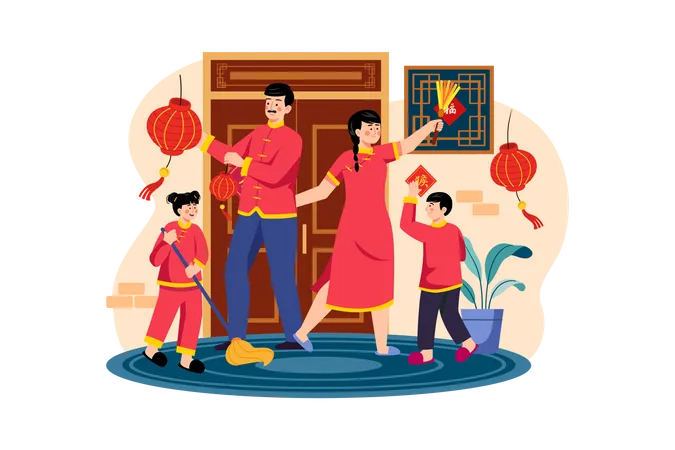 Familie feiert gemeinsam das chinesische Neujahr  Illustration