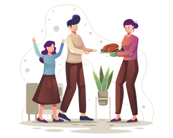 Familie feiert gemeinsam Thanksgiving-Dinner  Illustration