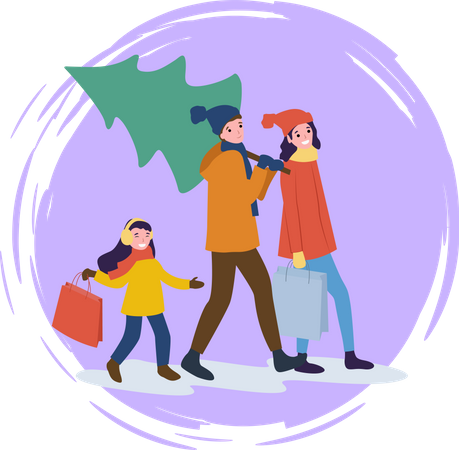 Familie geht mit Weihnachtsbaum nach Hause  Illustration