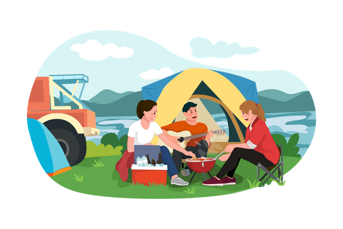 Familie genießt Camping  Illustration