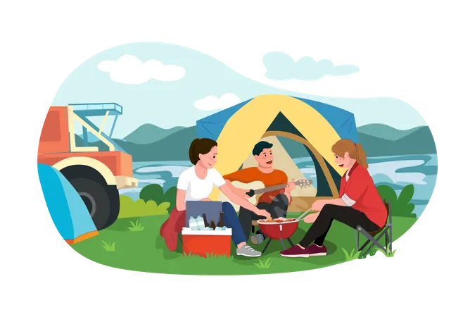 Familie genießt Camping  Illustration