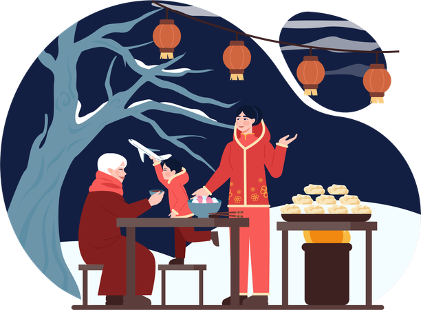 Familie genießt das chinesische Neujahr  Illustration