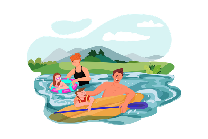 Familie genießt Schwimmen im See  Illustration