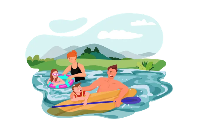 Familie genießt Schwimmen im See  Illustration