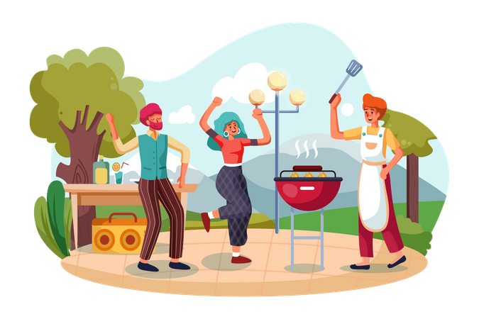 Familie genießt Grillparty  Illustration