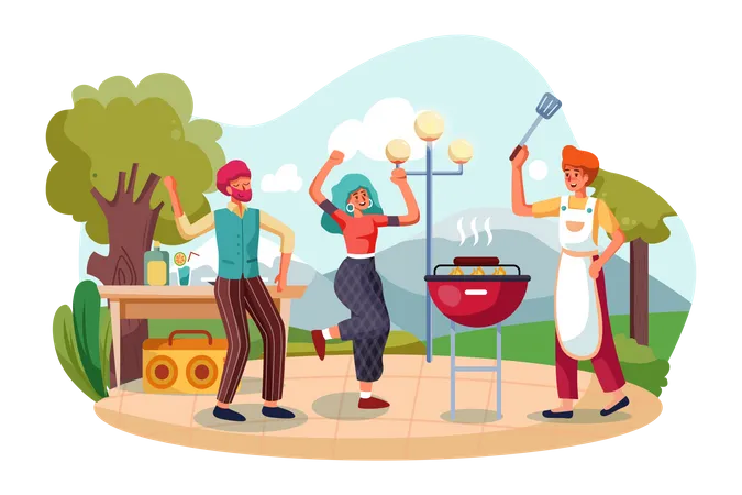 Familie genießt Grillparty  Illustration