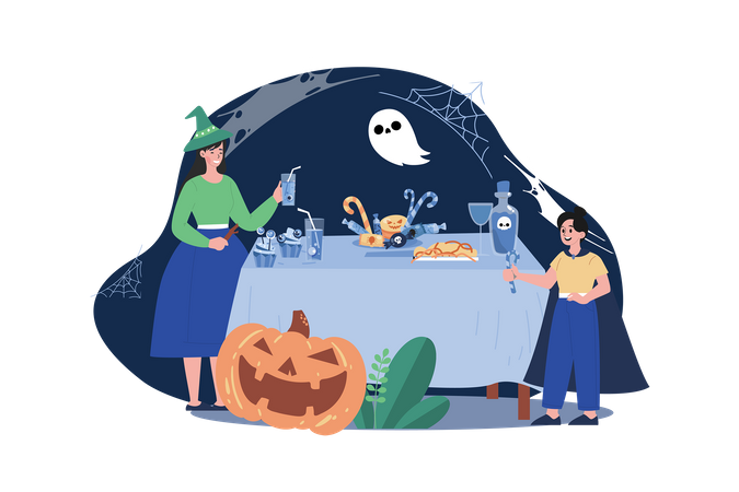 Familie genießt Halloweenparty  Illustration