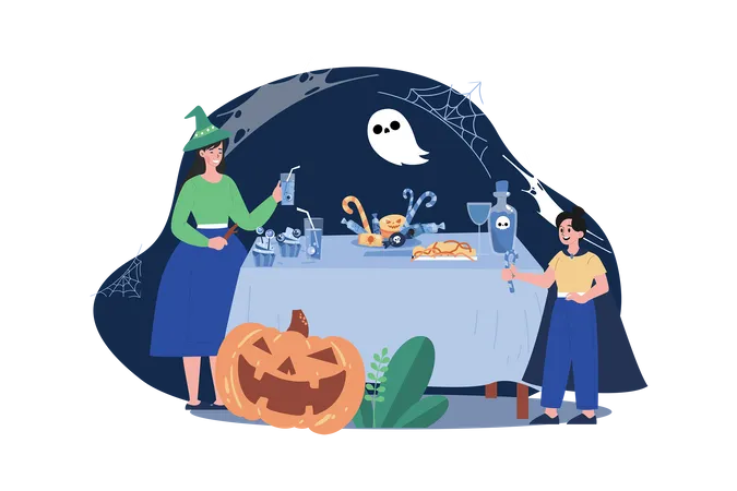 Familie genießt Halloweenparty  Illustration