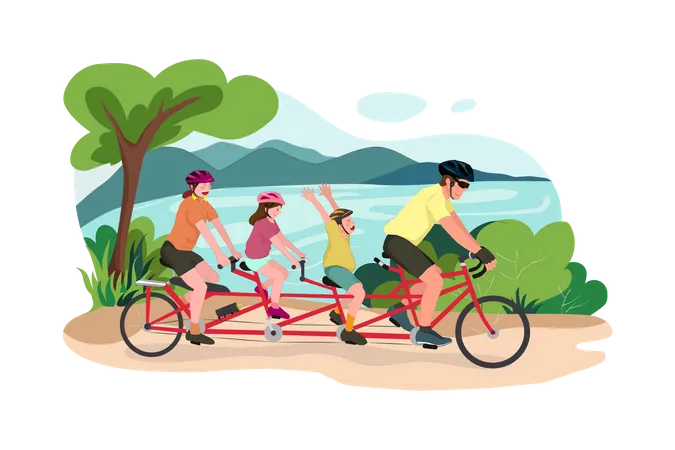 Familie genießt Radfahren im Garten  Illustration