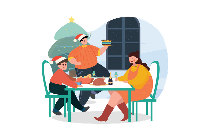 Familie genießt Weihnachtsessen  Illustration