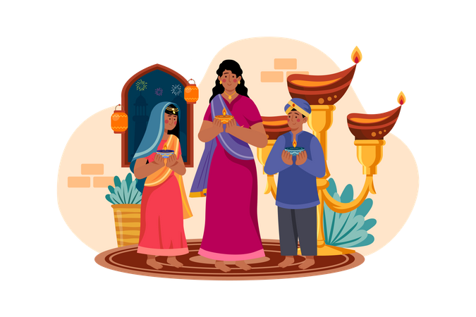 Familie hält Diya während Diwali  Illustration