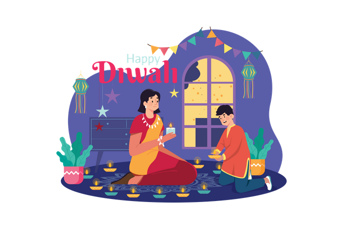 Familie hält Diya während Diwali  Illustration