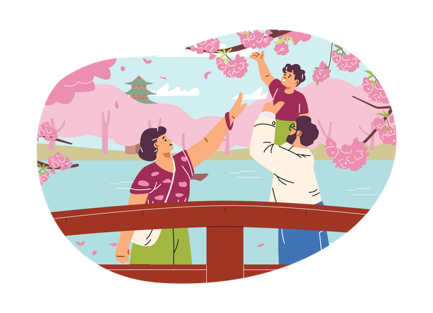 Familie im Frühlingspark mit blühenden Sakura-Bäumen  Illustration