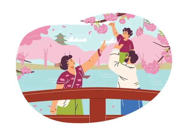 Familie im Frühlingspark mit blühenden Sakura-Bäumen  Illustration