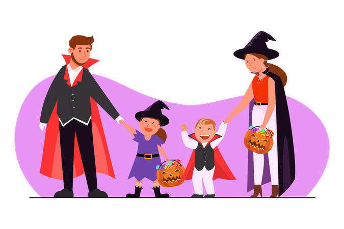 Familie im Halloweenkostüm geht zur Party  Illustration