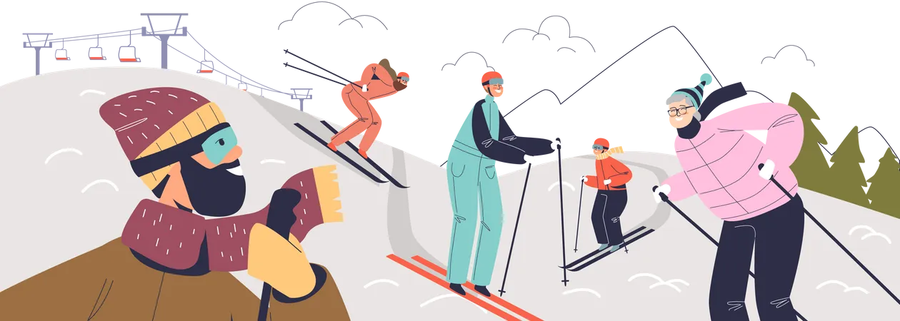 Familie im Skigebiet  Illustration