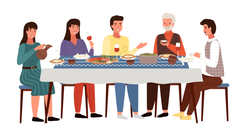 Familie beim gemeinsamen Abendessen im Esszimmer  Illustration