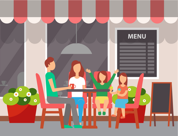 Familie isst im Café  Illustration