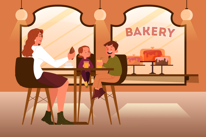 Familie beim Mittagessen in der Bäckerei  Illustration