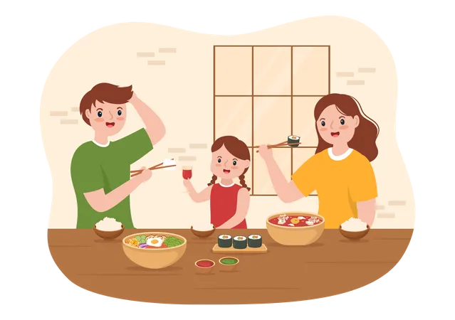 Familie isst koreanisches Essen  Illustration