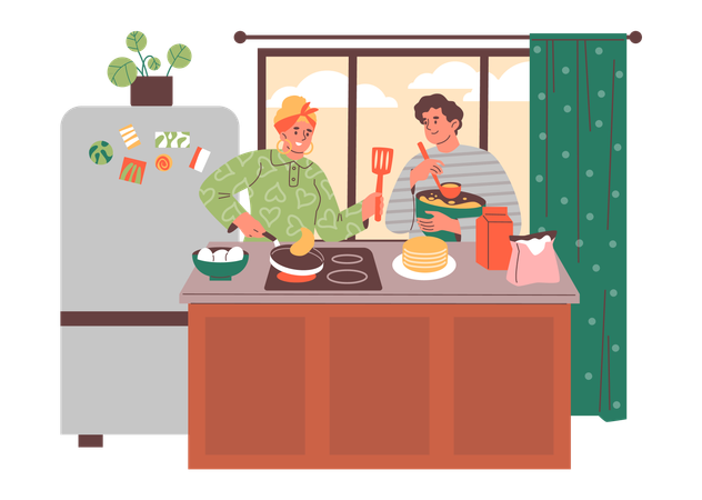 Familie kocht gemeinsam Pfannkuchen  Illustration