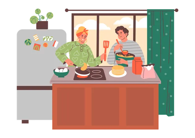 Familie kocht gemeinsam Pfannkuchen  Illustration