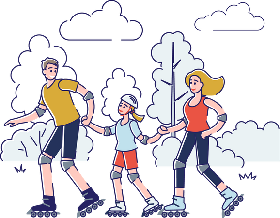 Familie läuft gemeinsam Schlittschuh im Skatepark  Illustration