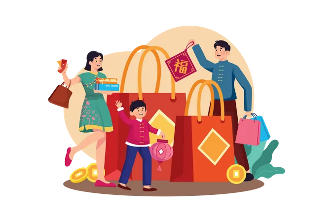 Familie beim Einkaufen für das chinesische Neujahr  Illustration