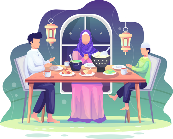 Familie isst gemeinsam Ramadan-Abendessen  Illustration