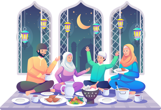 Familie isst gemeinsam Ramadan-Abendessen  Illustration