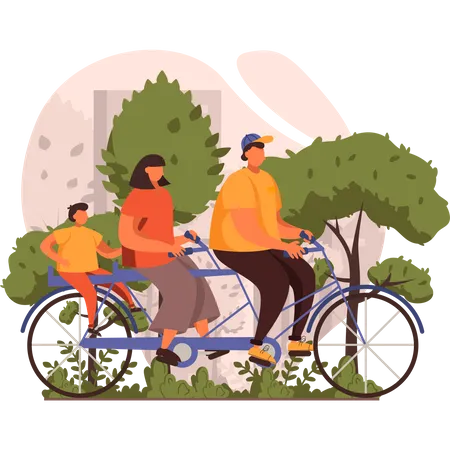 Familie beim Radfahren am Morgen  Illustration