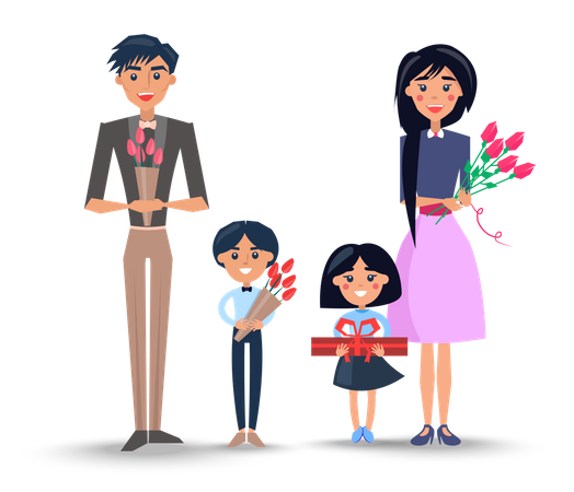 Familie mit Blumensträußen und Geschenk  Illustration