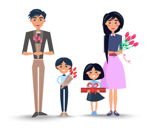 Familie mit Blumensträußen und Geschenk  Illustration