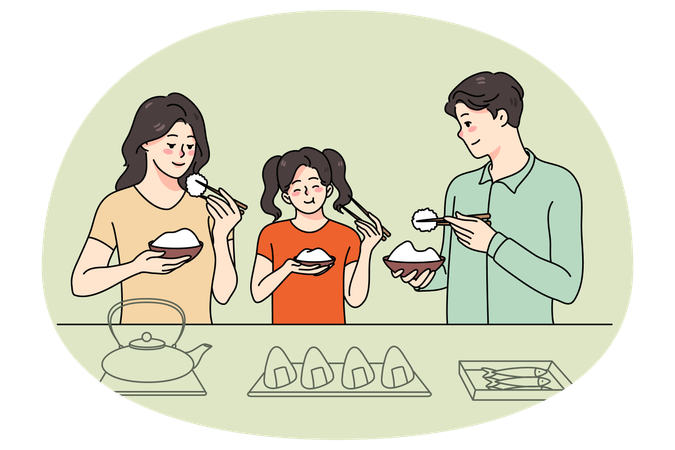 Familie mit Kind genießt asiatisches Essen  Illustration