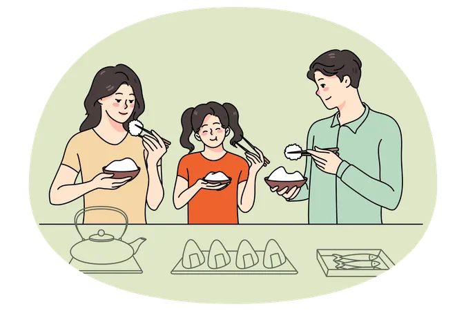 Familie mit Kind genießt asiatisches Essen  Illustration