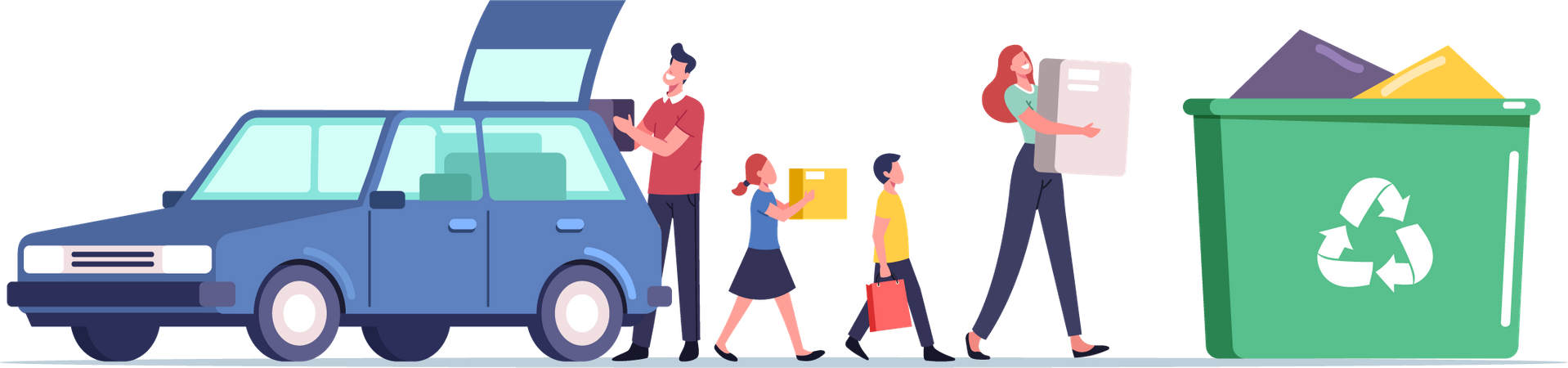 Familie mit Kindern lädt Waren vom Auto in den Abfalleimer  Illustration