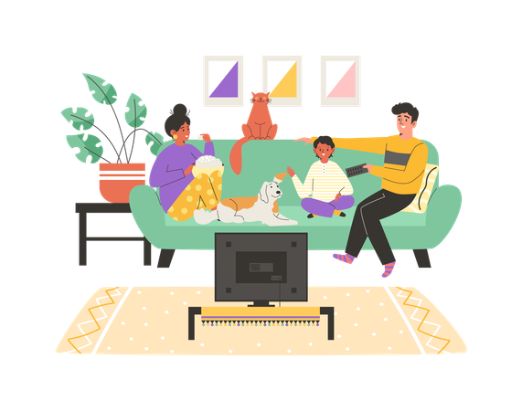 Familie mit Kindern und Haustieren bleibt zu Hause und sieht gemeinsam fern  Illustration