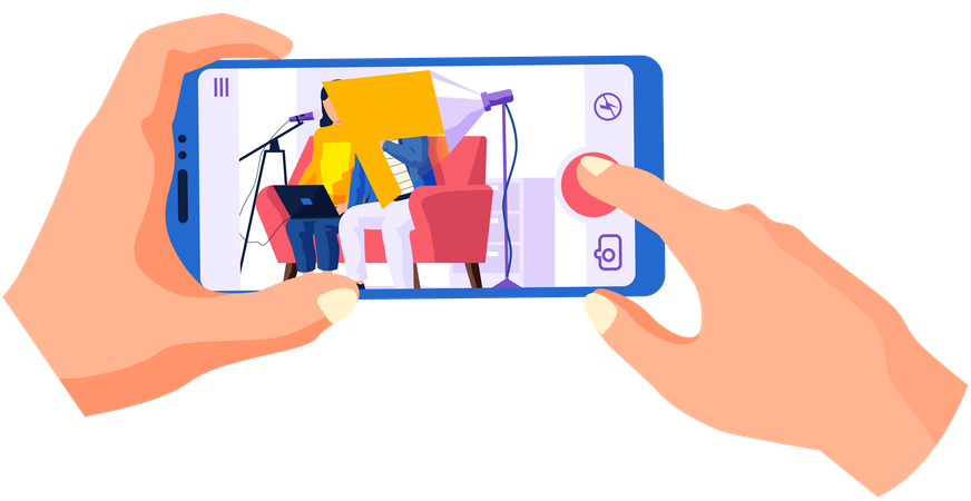 Familie nimmt Video auf, während sie mit Laptop auf der Couch sitzt  Illustration