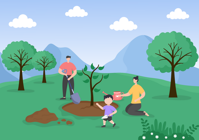 Familie pflanzt Bäume  Illustration