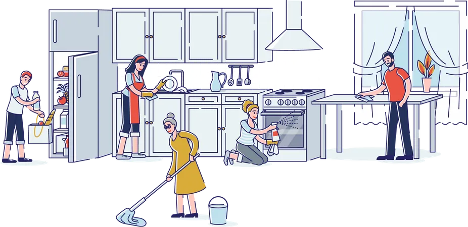 Familie putzt gemeinsam die Küche  Illustration