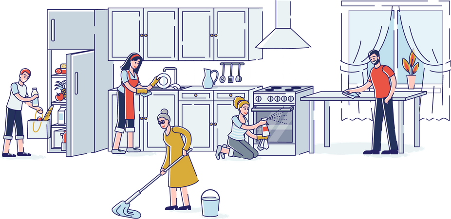 Familie putzt gemeinsam die Küche  Illustration