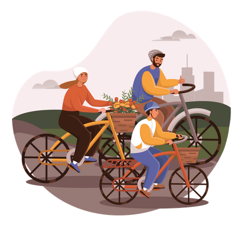 Familie radelt im Park  Illustration