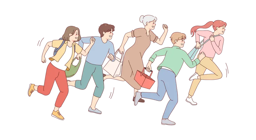 Familie rennt schnell zum Picknick  Illustration