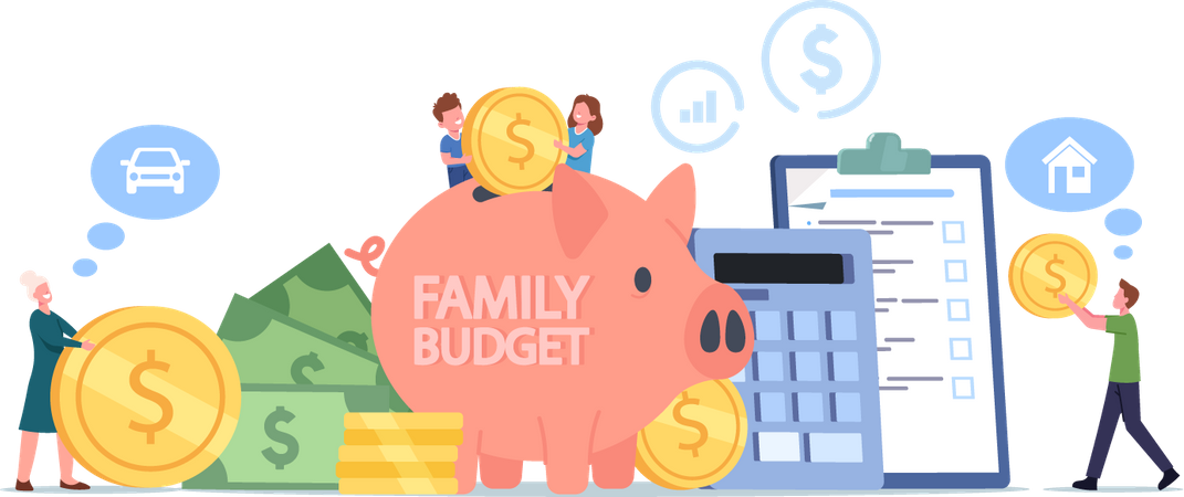 Familie sammelt Geld für Haushaltseinsparungen und Einkommen  Illustration