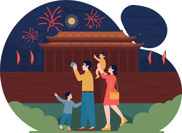 Familie schaut sich in der Silvesternacht Feuerwerkskörper an  Illustration