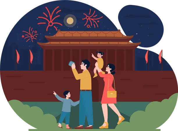 Familie schaut sich in der Silvesternacht Feuerwerkskörper an  Illustration