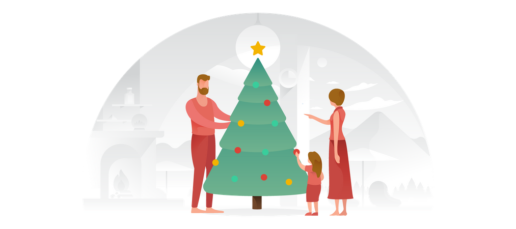 Familie schmückt den Weihnachtsbaum  Illustration